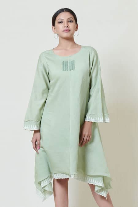 Buy Green Kora Chanderi Round Embroidered Short Dress For Women by Brij ...