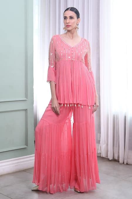 Buy Pink Georgette Embroidered Resham Work V Neck Soni Peplum Kurta And ...