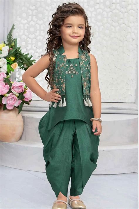 Green Dhoti Set With Embroidered Kurti And Jacket For Girls – Lagorii Kids