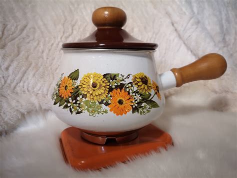 Retro Flower Power Fondue Pot and Stand, Vintage Fondue Set, Enamel ...