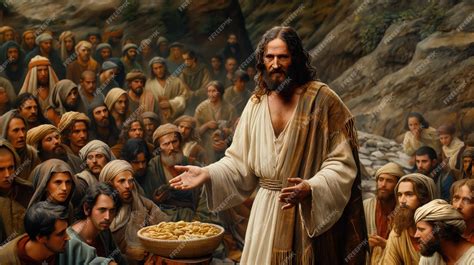 Jesus feeding the five thousand with bread and fish | Premium AI ...
