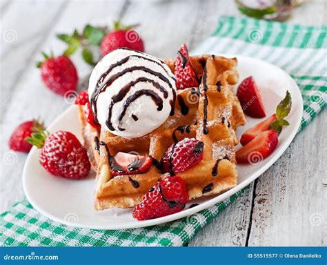 Waffles with Strawberries and Ice Cream Stock Image - Image of fresh ...