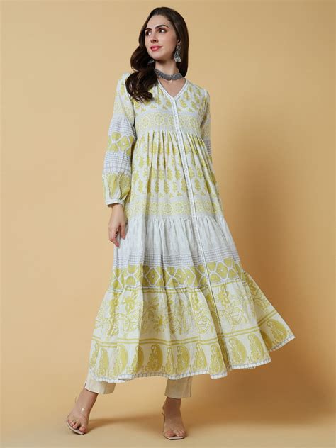 SHOWOFF Women's Yellow Floral Anarkali Kurta