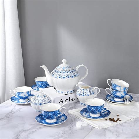 Buy fanquare 21 Piece Blue Modern Porcelain Tea Sets for Adults, Royal ...