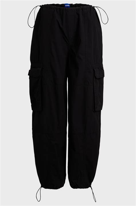 HUGO - Oversized-fit parachute trousers in cotton poplin - Black