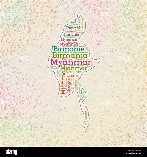 Myanmar shape with country names word cloud in multiple languages. Myanmar border map on ...