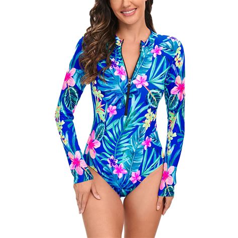 Aboser Womens Rash Guard One Piece Floral Swimsuit Zip Front Long ...