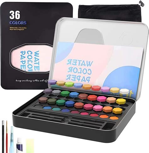 ARROLLIANT 36 Colors Watercolor Paint Set with Brush & Sponge, Solid ...