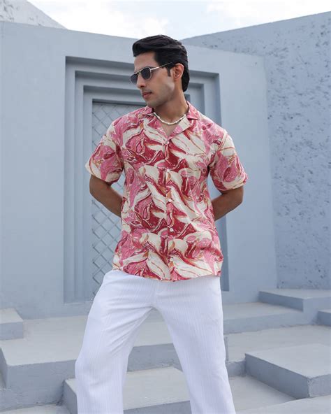 Crimson Marble Wave Cuban Collar Shirt