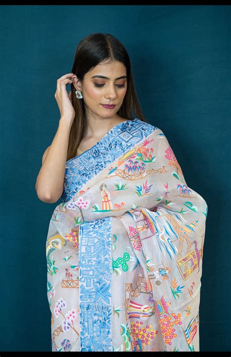 Hand Embroidered Parsi Gara with Hand Painting in Pure Silk Organza ...