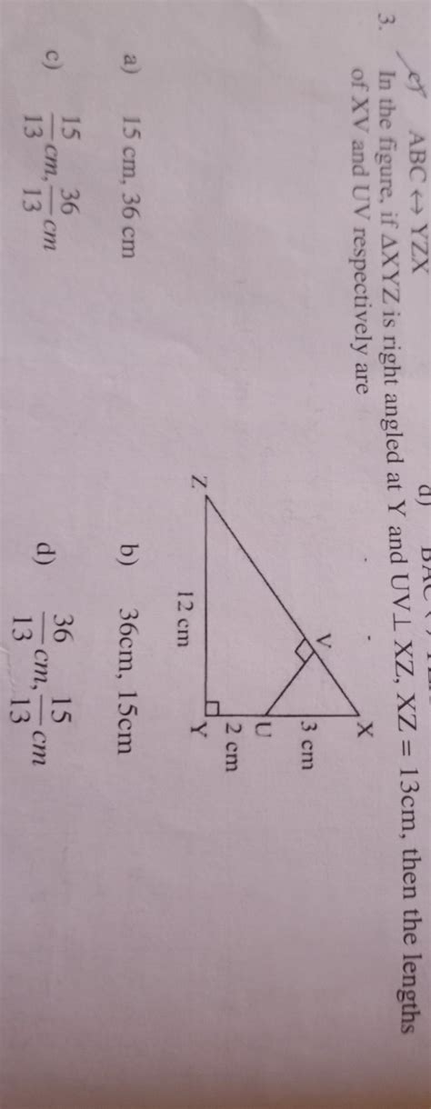 triangle xyz is right angled at y and uv perpendicular xz , xz=13cm ...