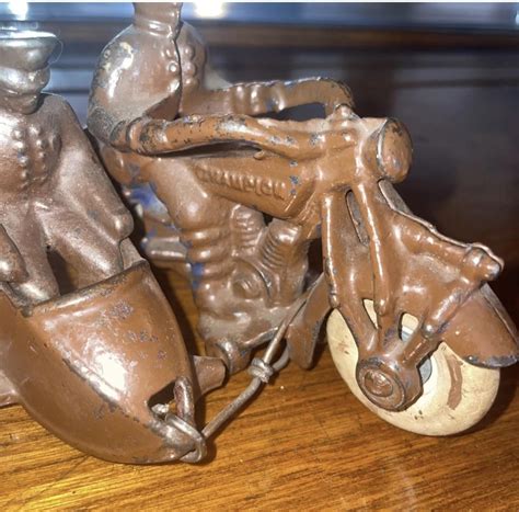 VINTAGE CHAMPION CAST IRON TOY US Flag Police MOTORCYCLE W/ SIDE CAR ...