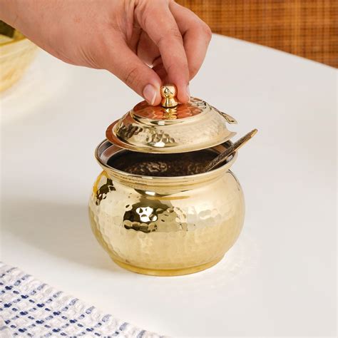 Hammered Pure Brass Ghee Pot With Spoon 400ml Online - Premium Kitchen ...