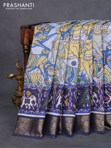 Matka tussar saree pastel grey and blue with allover kalamkari prints ...