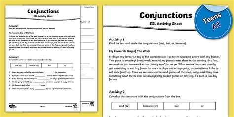 ESL Conjunctions Activity Sheet