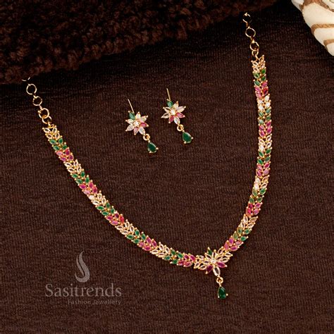 Micro Gold American Diamond Leaf Cluster Necklace Set - Sasitrends