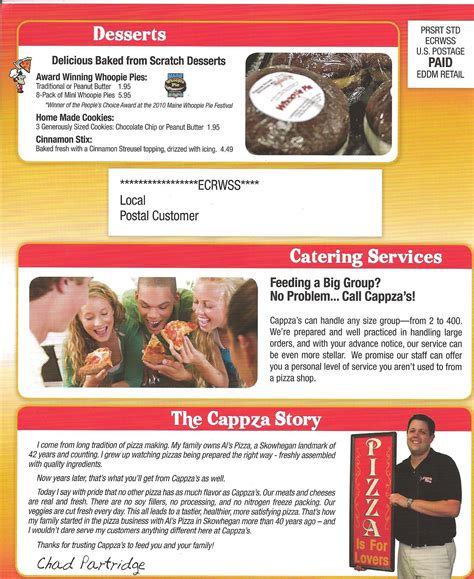 Carta de pizzería Cappza's Pizza, Waterville, 10 Waterville Commons Dr