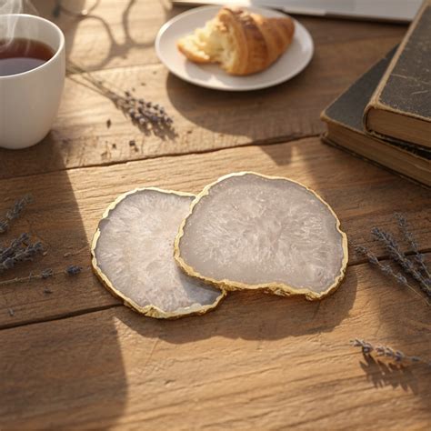 White Crystal Agate Coaster With Gold Plating Set of 2 – HOMEARTE INDIA