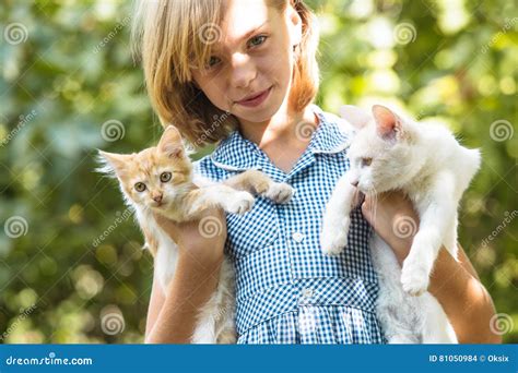 Girl play with kitten stock photo. Image of animal, happiness - 81050984