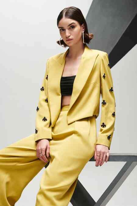 Buy Green Crepe Stones Boss Babe Embellished Crop Blazer For Women by ...