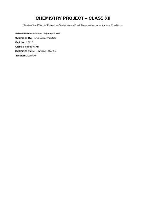 Class XII Chemistry Project: KHSO4 as Food Preservative Study 2025-26 ...