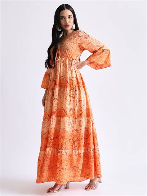 Embroidery Hand Work Bell Sleeves Front Boho Printed Maxi Dress - Suns