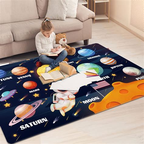 LTKOUGFAM Kids Play Rug - Outer Space Solar System Educational Rug for ...