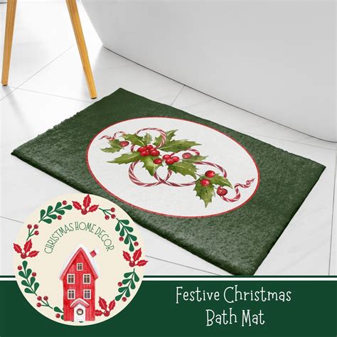 Festive Christmas Bathroom Decor, Holly Berries and Candy Cane Bath Mat ...
