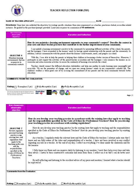 Teacher Reflection Form TRF 1 | PDF | Learning | Teachers