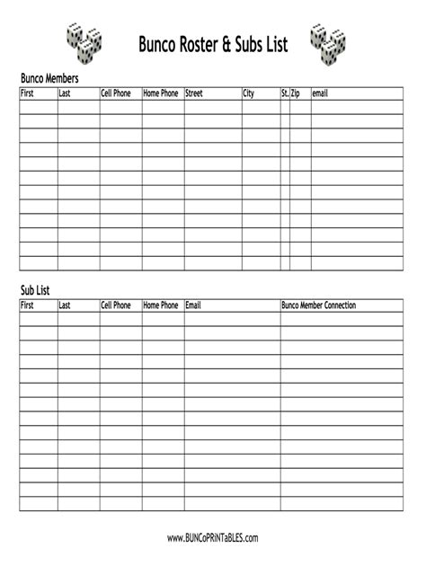 Bunco Roster Subs List Form - Fill Online, Printable, Fillable, Blank ...