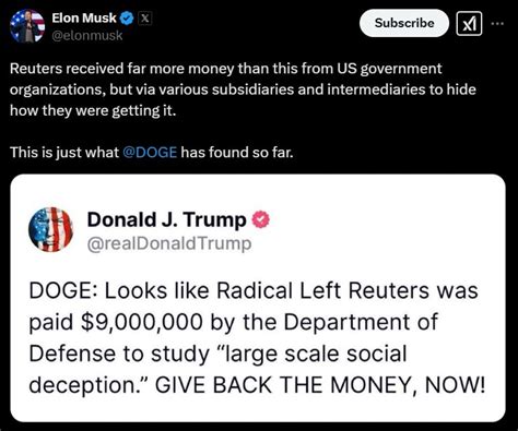 Donald Trump, Elon Musk bash news agency Reuters over Pentagon 'social ...