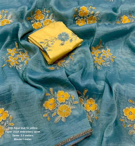 Paper Crush Embroidered Saree with Patched Lace Border & Contrast ...