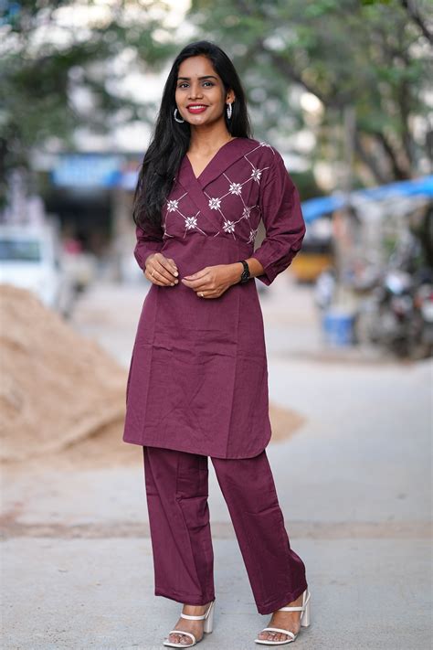 Wine Color Overlap V Neck Thread Embriodary Office Wear Cordset ...