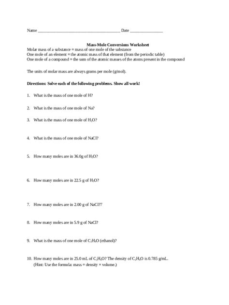 mass mole conversions worksheet Doc Template | pdfFiller
