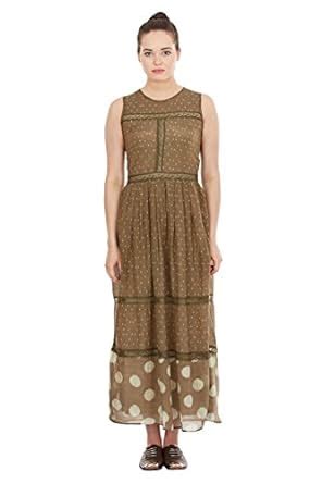 Buy Label RITU KUMAR Khakhi Long Dress in Signature Print (DRSCS22D ...