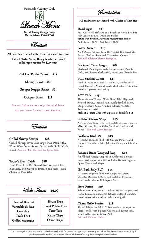 Menus - Pensacola Country Club