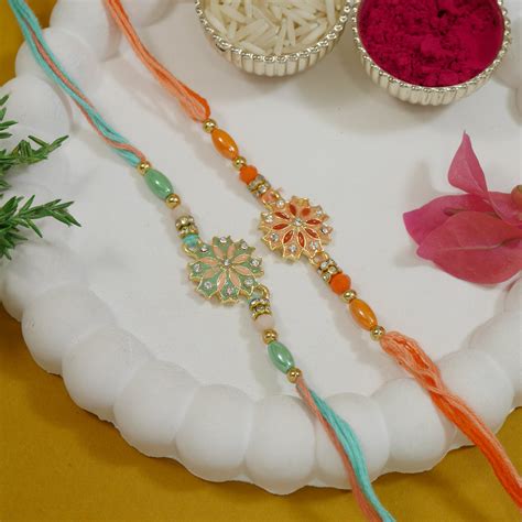 Pearl & Kundan Enamel Rakhi With Roli Chawal & Rakshabandhan Card (Pac