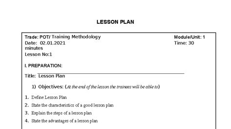 POT 101: Lesson Plan 1 - Training Methodology Overview - Studocu