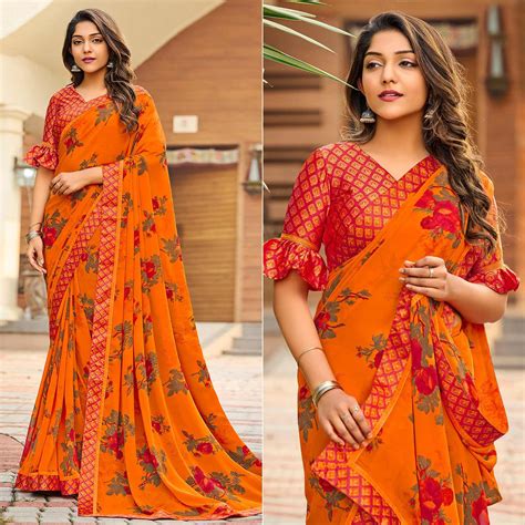Orange Casual Floral Printed Georgette Saree