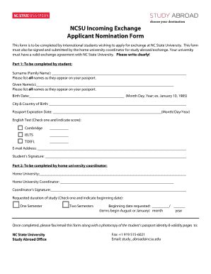 Fillable Online NCSU Incoming Exchange Applicant Nomination Form Fax ...