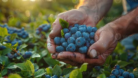 AI generated Blueberry harvest season. Hands picking blueberries from a ...