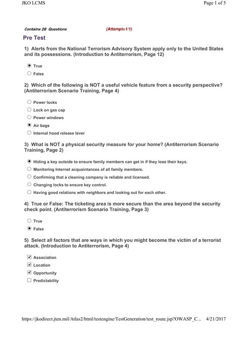 Level 1 Anti-terrorism Awareness Training (JKO) Pre-Test | with ...