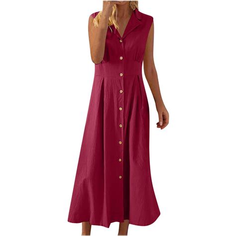 Linen Sun Dresses for Women 2025 Full Button Down Lapel Collared ...