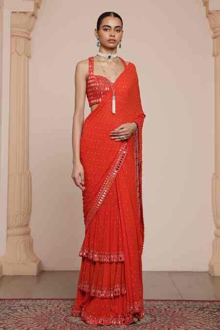Buy Red Georgette Mirrors, Embroidery Mirrorwork Ruffle Saree With ...