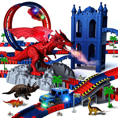 Buy Dinosaur Toys Race Track with 2 Race Cars, 230 Piece Flexible Train ...