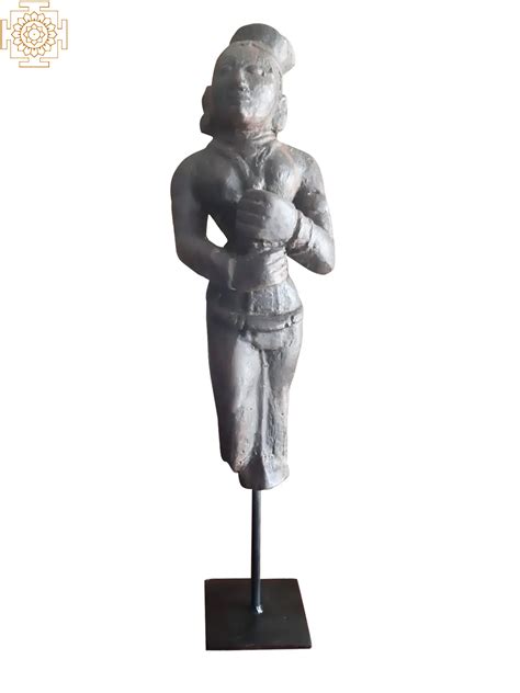22" Wooden Old Lady Figure on Iron Stand | Exotic India Art
