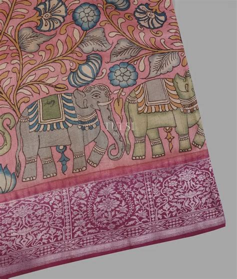 Buy Pink Tussar Georgette Kalamkari Handpainted Saree T560076