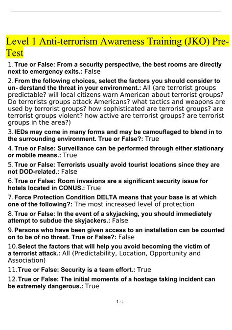 Level 1 Anti-terrorism Awareness Training (JKO) Pre-Test | with ...