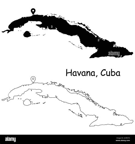 Havana Cuba. Detailed Country Map with Location Pin on Capital City. Black silhouette and ...