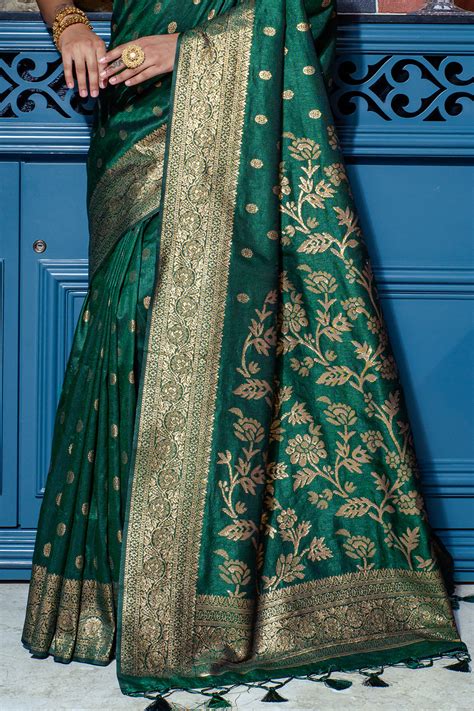 Buy Bottle Green Banarasi Silk Saree 99434 Online | Karagiri